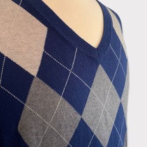 Banana Republic Argyle Blue and Grey Silk Cotton Cashmere V Neck Sweater